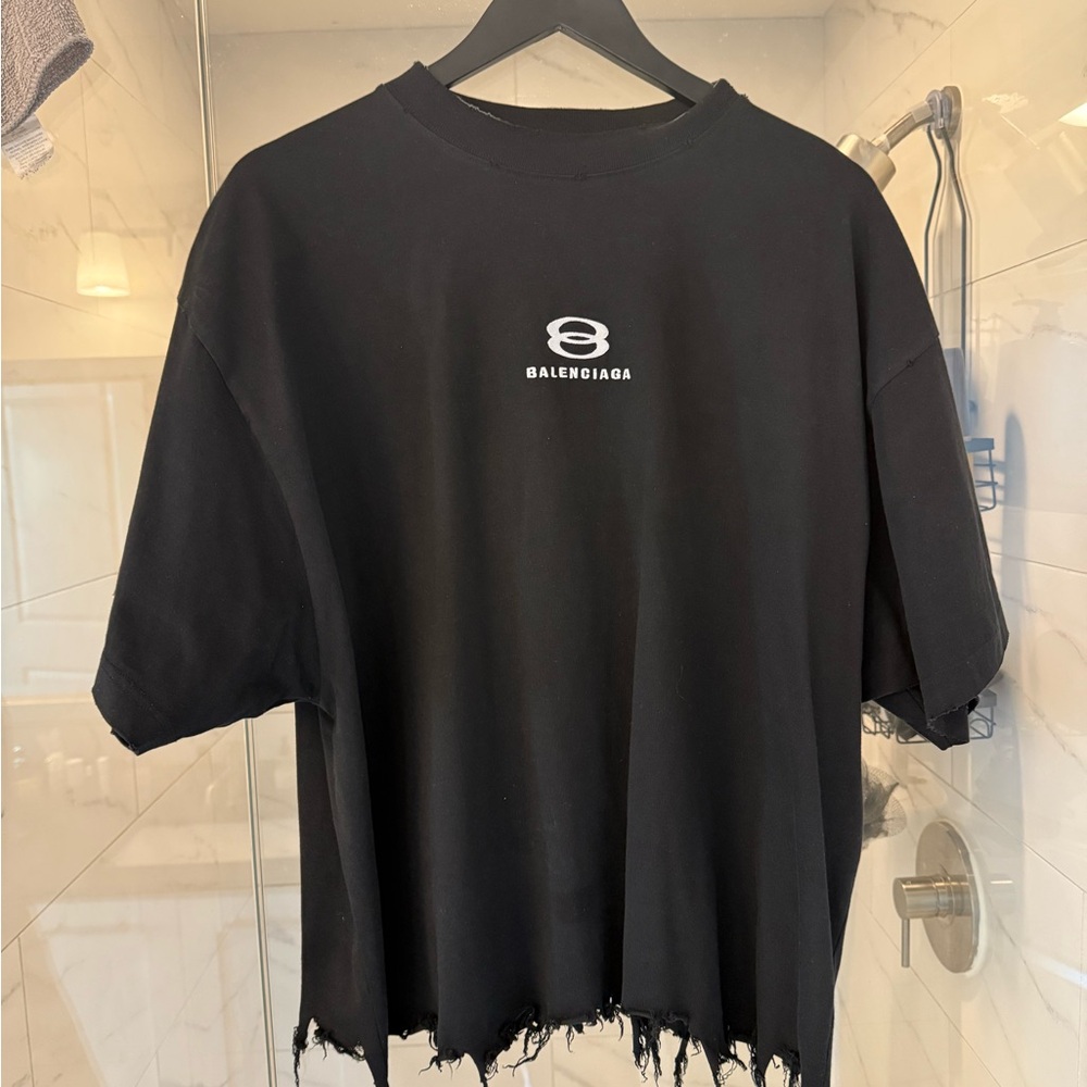 Balenciaga Black Cropped Distressed Logo T shirt  Garment Tag